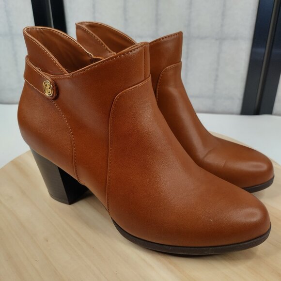 Giani Bernini Abalina Brown Cognac Faux Leather Stacked Heel Booties Women US 9M - Picture 2 of 14